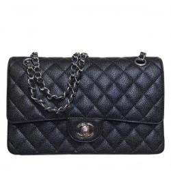 Replica Chanel Classic Jumbo CC Logo Turn Lock Chain Shoulder Strap Women's Black Caviar Leather Flap Bag