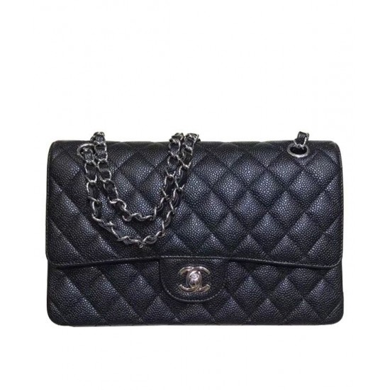 Replica Chanel Classic Jumbo CC Logo Turn Lock Chain Shoulder Strap Women's Black Caviar Leather Flap Bag