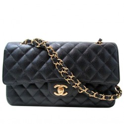 Imitation Chanel Jumbo Black Caviar Golden CC Lock Black Caviar Leather Female Flap Style Chain Bag 25CM