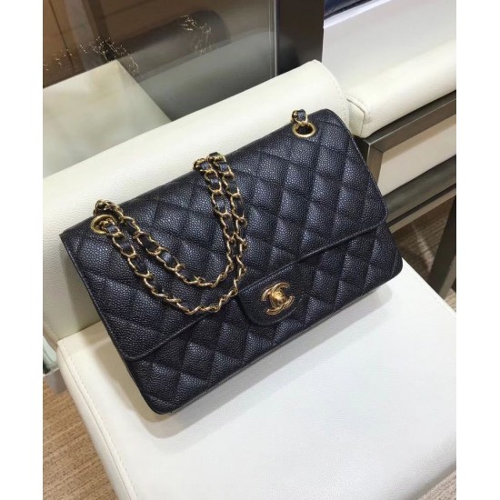 Imitation Chanel Jumbo Black Caviar Golden CC Lock Black Caviar Leather Female Flap Style Chain Bag 25CM