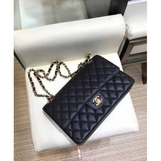 Imitation Chanel Jumbo Black Caviar Golden CC Lock Black Caviar Leather Female Flap Style Chain Bag 25CM