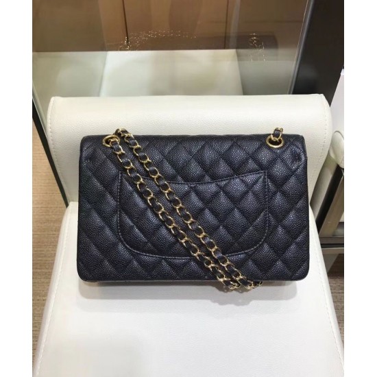 Imitation Chanel Jumbo Black Caviar Golden CC Lock Black Caviar Leather Female Flap Style Chain Bag 25CM