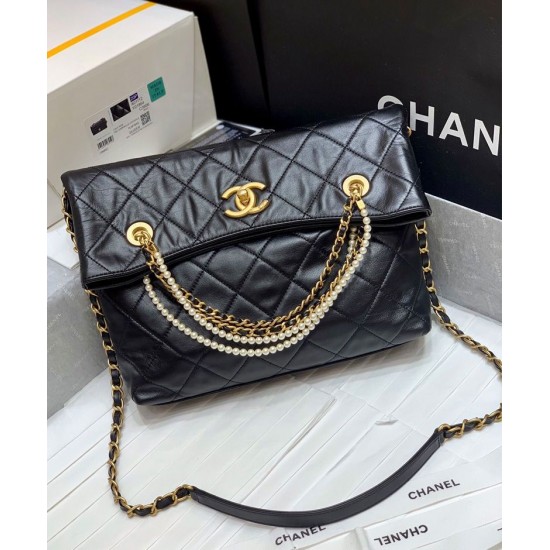 Imitated Chanel Women's Black Quilted Leather White Pearl & Chain Top Handle Double C Signature Medium Shopping Bag