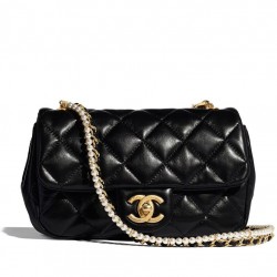 High End Golden Chain White Pearl Detail Black Quilted Leather - Imitated Chanel Women's Flap Bag 21CM