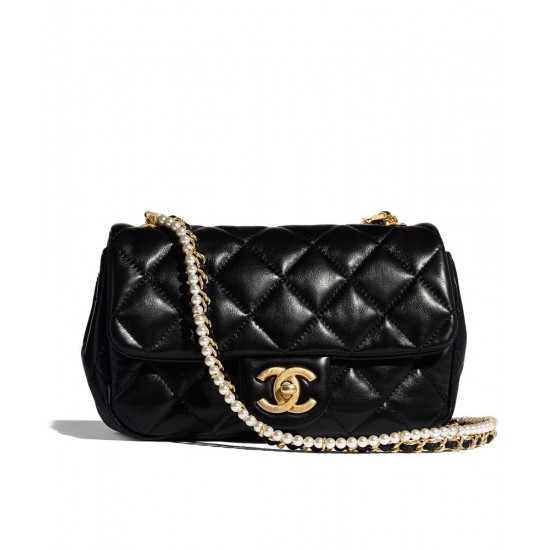 High End Golden Chain White Pearl Detail Black Quilted Leather - Imitated Chanel Women's Flap Bag 21CM