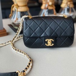 High End Golden Chain White Pearl Detail Black Quilted Leather - Imitated Chanel Women's Flap Bag 21CM