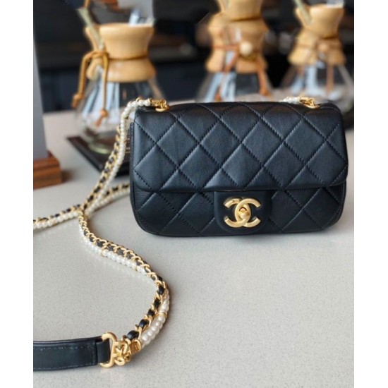 High End Golden Chain White Pearl Detail Black Quilted Leather - Imitated Chanel Women's Flap Bag 21CM