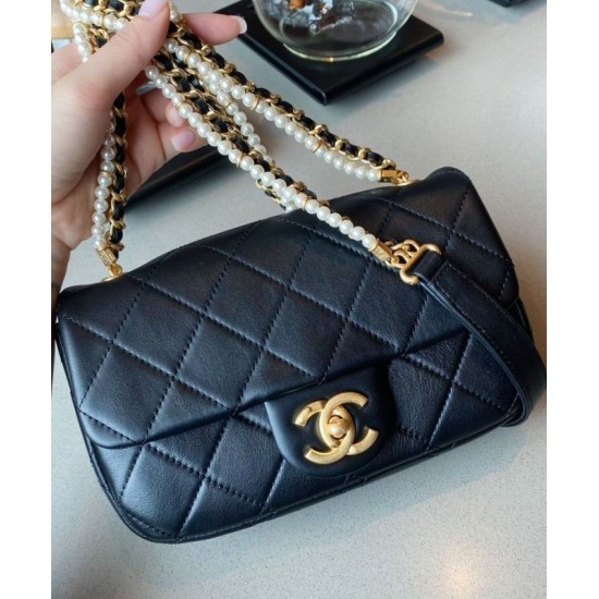 High End Golden Chain White Pearl Detail Black Quilted Leather - Imitated Chanel Women's Flap Bag 21CM