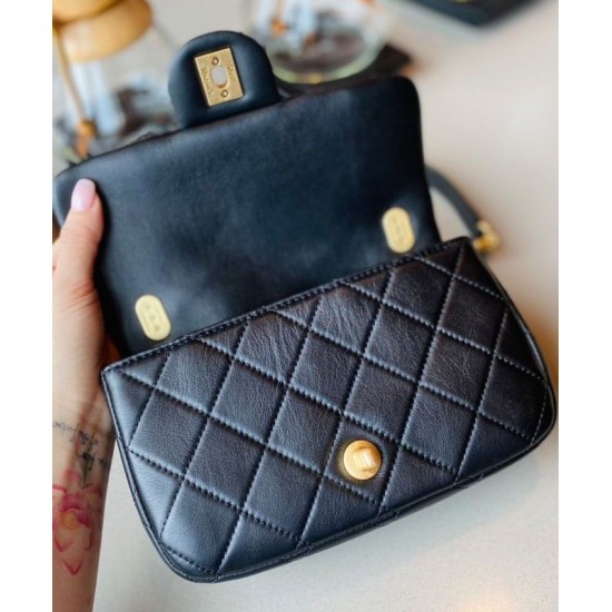 High End Golden Chain White Pearl Detail Black Quilted Leather - Imitated Chanel Women's Flap Bag 21CM