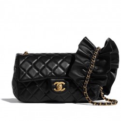 Hot Selling Black Quilted Lambskin Leather Falbala Decoration Yellow Gold Chain Shoulder Strap - Chanel Women's Medium Flap Bag