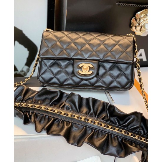 Hot Selling Black Quilted Lambskin Leather Falbala Decoration Yellow Gold Chain Shoulder Strap - Chanel Women's Medium Flap Bag