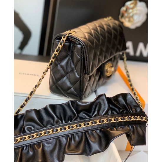 Hot Selling Black Quilted Lambskin Leather Falbala Decoration Yellow Gold Chain Shoulder Strap - Chanel Women's Medium Flap Bag