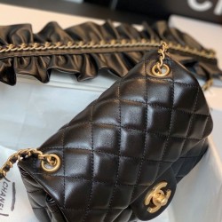 New Ruffles Design Golden CC Logo Turn Lock & Chain Shoulder Strap - Faux Chanel Black Quilted Leather Small Crossbody Bag