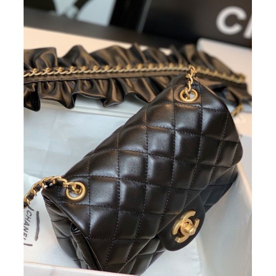 New Ruffles Design Golden CC Logo Turn Lock & Chain Shoulder Strap - Faux Chanel Black Quilted Leather Small Crossbody Bag