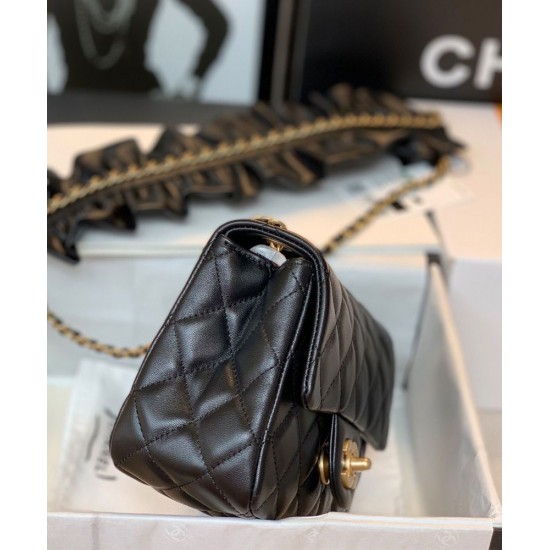 New Ruffles Design Golden CC Logo Turn Lock & Chain Shoulder Strap - Faux Chanel Black Quilted Leather Small Crossbody Bag