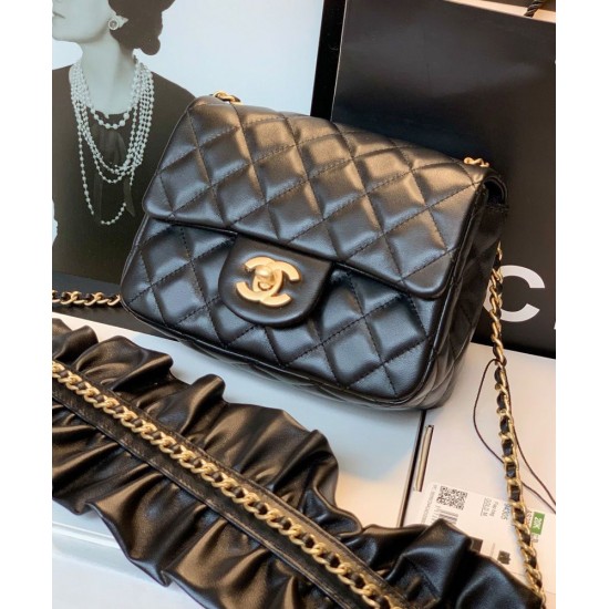 New Ruffles Design Golden CC Logo Turn Lock & Chain Shoulder Strap - Faux Chanel Black Quilted Leather Small Crossbody Bag