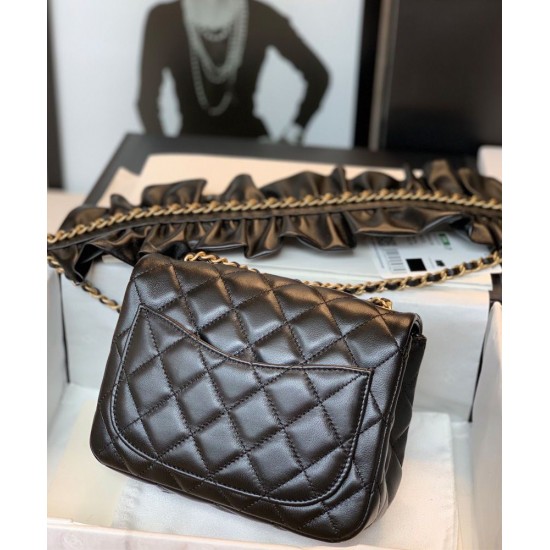 New Ruffles Design Golden CC Logo Turn Lock & Chain Shoulder Strap - Faux Chanel Black Quilted Leather Small Crossbody Bag