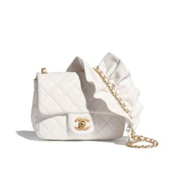 Fall Popular Women's White Quilted Leather Golden Chain Shoulder Strap Falbala Detail - Replica Chanel Small Flap Bag