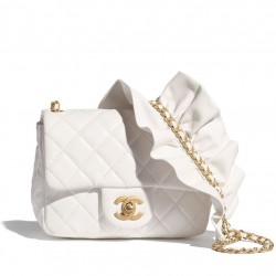 Fall Popular Women's White Quilted Leather Golden Chain Shoulder Strap Falbala Detail - Replica Chanel Small Flap Bag