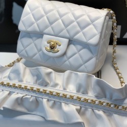 Fall Popular Women's White Quilted Leather Golden Chain Shoulder Strap Falbala Detail - Replica Chanel Small Flap Bag