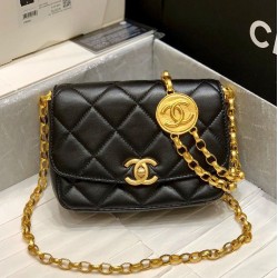 Fake Chanel Black Quilted Lambskin Leather Golden Chain Shoulder Strap Rounded Logo Decoration Women's Classic Small Flap Bag