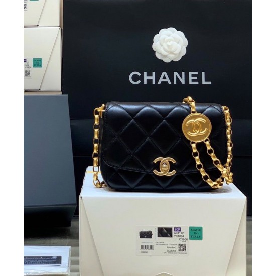 Fake Chanel Black Quilted Lambskin Leather Golden Chain Shoulder Strap Rounded Logo Decoration Women's Classic Small Flap Bag