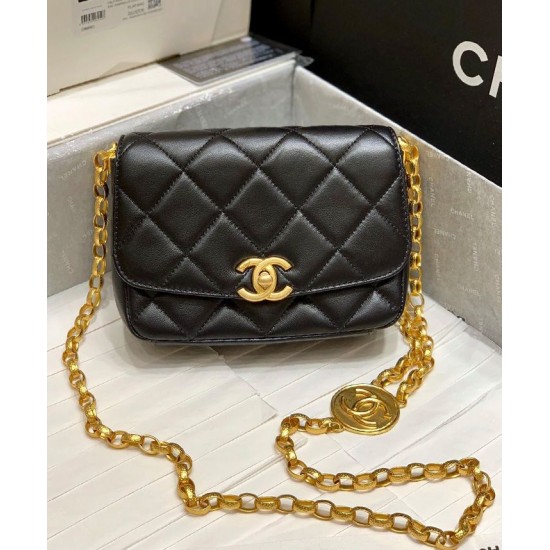 Fake Chanel Black Quilted Lambskin Leather Golden Chain Shoulder Strap Rounded Logo Decoration Women's Classic Small Flap Bag