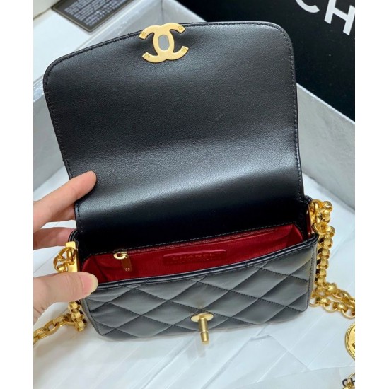 Fake Chanel Black Quilted Lambskin Leather Golden Chain Shoulder Strap Rounded Logo Decoration Women's Classic Small Flap Bag