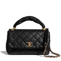 Fashion Black Quilted Leather Twist Design Lock Single Top Handle - Faux Chanel Hobo Bag For Ladies 25CM