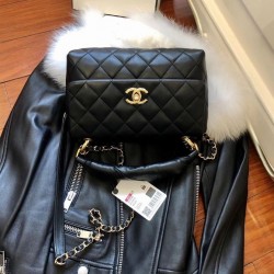 Fashion Black Quilted Leather Twist Design Lock Single Top Handle - Faux Chanel Hobo Bag For Ladies 25CM