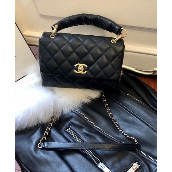 Fashion Black Quilted Leather Twist Design Lock Single Top Handle - Faux Chanel Hobo Bag For Ladies 25CM