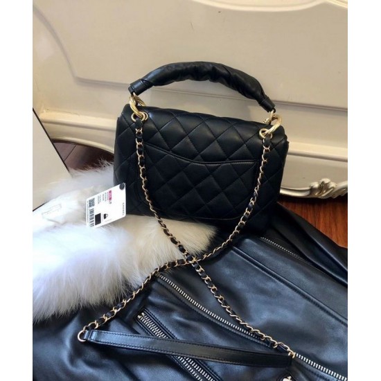 Fashion Black Quilted Leather Twist Design Lock Single Top Handle - Faux Chanel Hobo Bag For Ladies 25CM