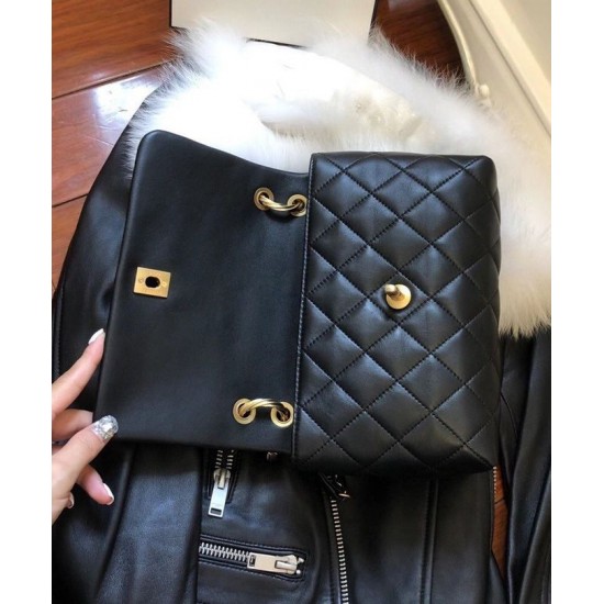 Fashion Black Quilted Leather Twist Design Lock Single Top Handle - Faux Chanel Hobo Bag For Ladies 25CM