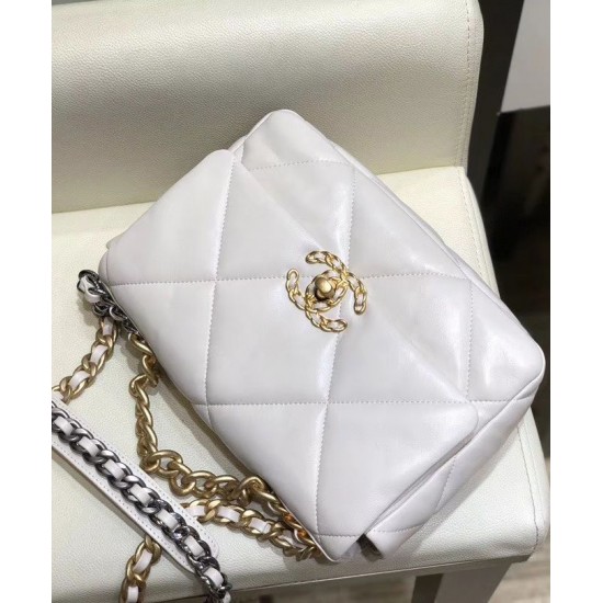 Replica Chanel 19 White Goatskin Leather Gold-Tone Silver-Tone & Ruthenium-Finish Metal Turn Lock Chain Detail Flap Bag For Ladies