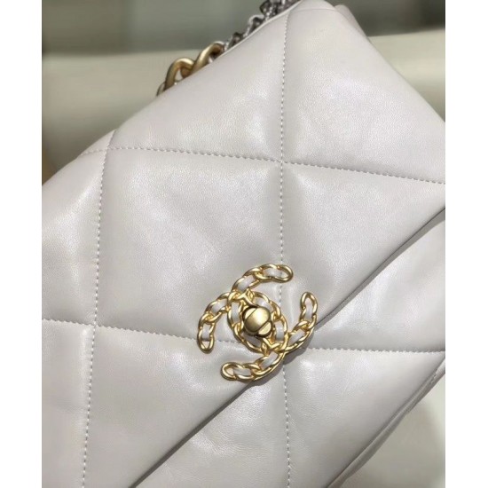 Replica Chanel 19 White Goatskin Leather Gold-Tone Silver-Tone & Ruthenium-Finish Metal Turn Lock Chain Detail Flap Bag For Ladies