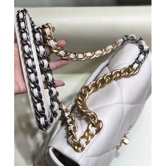 Replica Chanel 19 White Goatskin Leather Gold-Tone Silver-Tone & Ruthenium-Finish Metal Turn Lock Chain Detail Flap Bag For Ladies