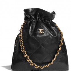 Fake Chanel Brass CC Signature Drawstring Closure Women's Medium Black Quilted Leather Chain Bucket Bag UK