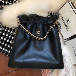 Fake Chanel Brass CC Signature Drawstring Closure Women's Medium Black Quilted Leather Chain Bucket Bag UK