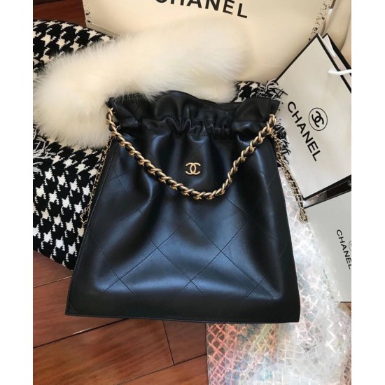 Fake Chanel Brass CC Signature Drawstring Closure Women's Medium Black Quilted Leather Chain Bucket Bag UK