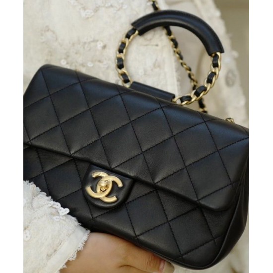 Fashion Black Quilted Leather Round Single Chain Top Handle - Faux Chanel Flap Style Women's Chain Bag