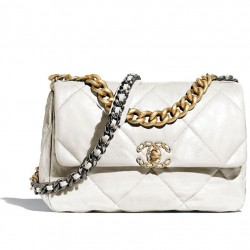 Copy Chanel 19 Rhombus Quilted Motif Brass Link Top Handle Women's White Goatskin Leather Flap Bag Fashion Medium Crossbody Bag