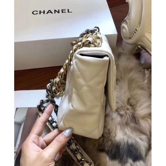 Copy Chanel 19 Rhombus Quilted Motif Brass Link Top Handle Women's White Goatskin Leather Flap Bag Fashion Medium Crossbody Bag