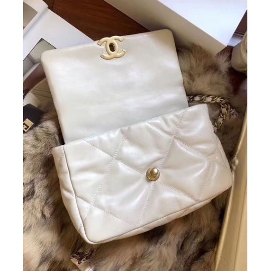 Copy Chanel 19 Rhombus Quilted Motif Brass Link Top Handle Women's White Goatskin Leather Flap Bag Fashion Medium Crossbody Bag