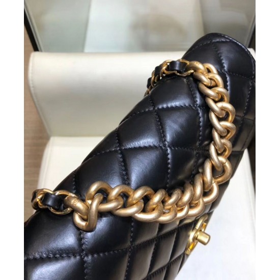 Low Price Classic Diamond Quilted Pattern Brass Chain Top Handle CC Turn Lock - Replica Chanel Black Leather Chain Bag 22CM