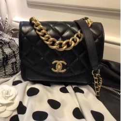 Hot Selling Yellow Gold Thick Chain Top Handle Front Pocket - Women's Chanel Black Quilted Leather Flap Bag