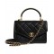 Chic Golden Detail Single Top Handle Envelope Flap Chain Shoulder Strap - Clone Chanel Ladies Black Leather Small Tote Bag