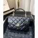 Chic Golden Detail Single Top Handle Envelope Flap Chain Shoulder Strap - Clone Chanel Ladies Black Leather Small Tote Bag