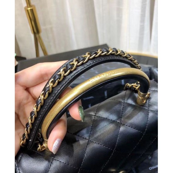 Chic Golden Detail Single Top Handle Envelope Flap Chain Shoulder Strap - Clone Chanel Ladies Black Leather Small Tote Bag