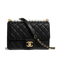 2022 New Top White Pearl Decoration CC Logo Turn Lock - Women's Fake Chanel Chain Strap Black Flap Bag