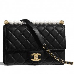 2022 New Top White Pearl Decoration CC Logo Turn Lock - Women's Fake Chanel Chain Strap Black Flap Bag